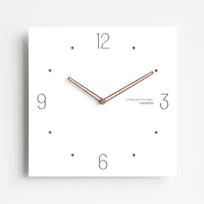 Square wall clock with white face, dark wood hands, and hour dot markers, silent design