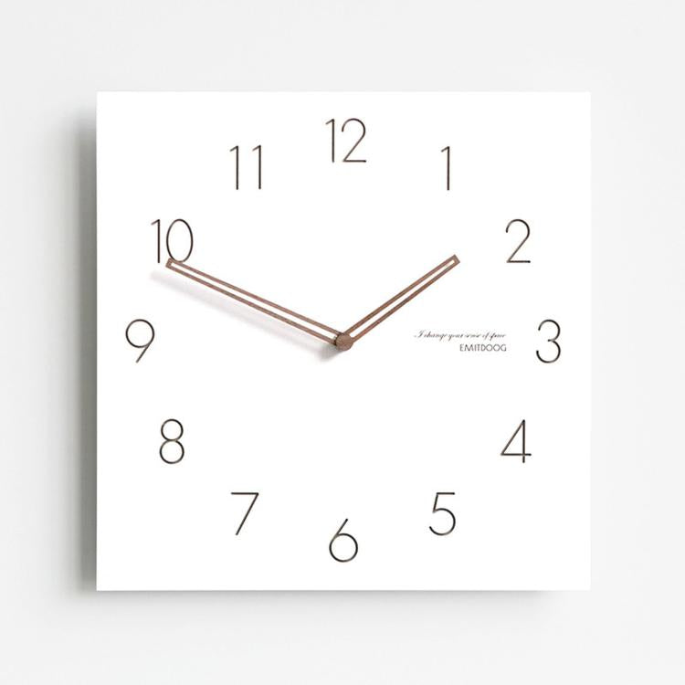 Square wall clock with white face, dark wood hands, and black numbered hour markers