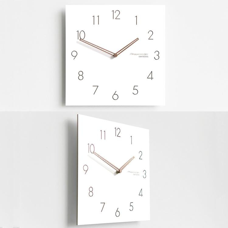 Two square wall clocks shown together, white faces with dark wood hands and numbers