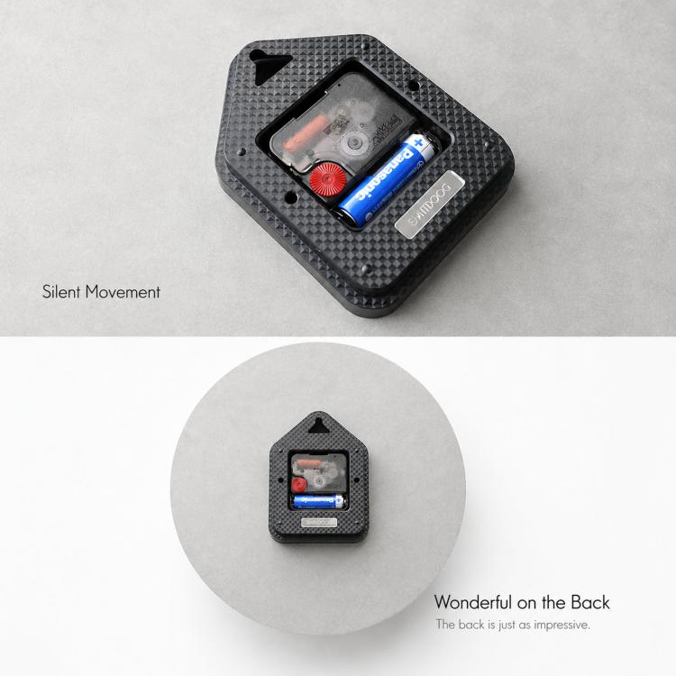 Square wall clock back with battery compartment and Silent Movement label