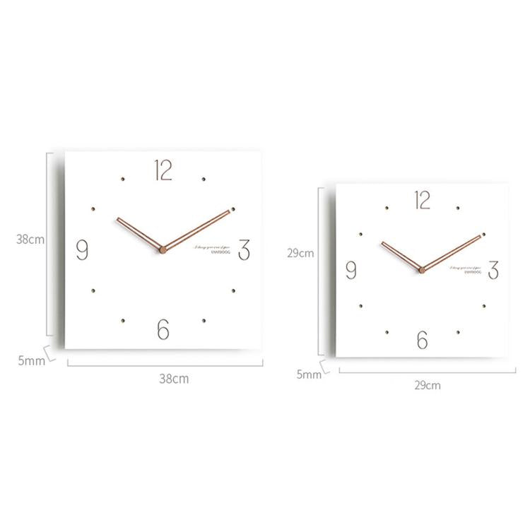 Square wall clock with white face, black numbers, and wood-tone hands, silent design