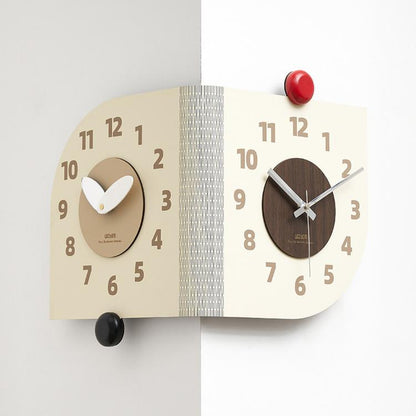Beige dual-dial corner wall clock with white hands and red and black knobs