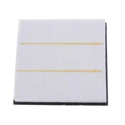Cabin air filter with white pleated media and two yellow alignment strips