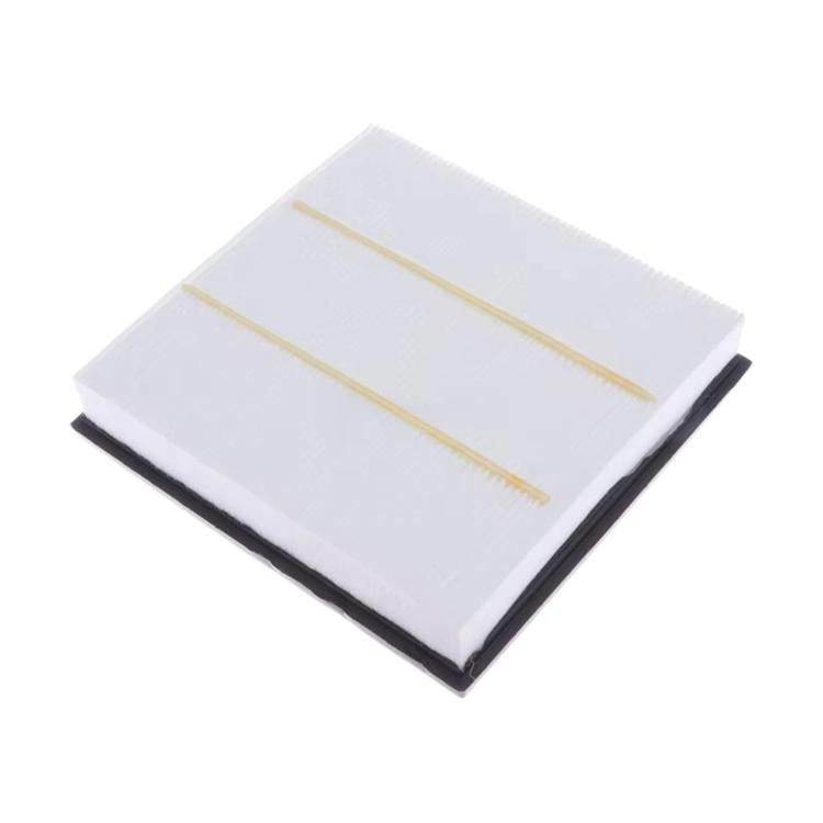 Cabin air filter with white media and two yellow guide strips, angled view