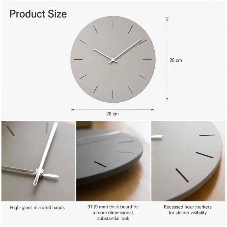 wozoom 12-inch silent wall clock size chart, gray dial with long hands and measurement