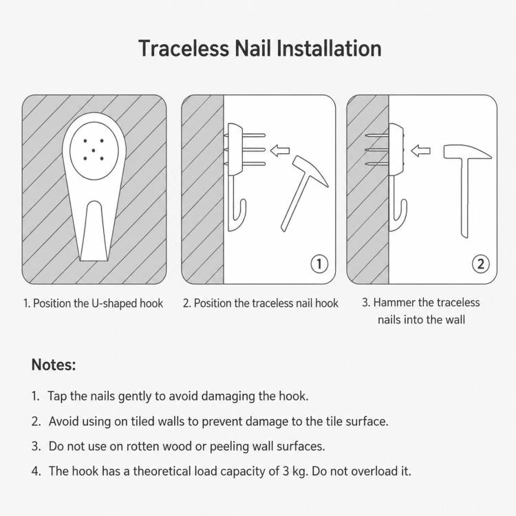 wozoom wall clock mounting instructions, traceless nails and hook placement diagram