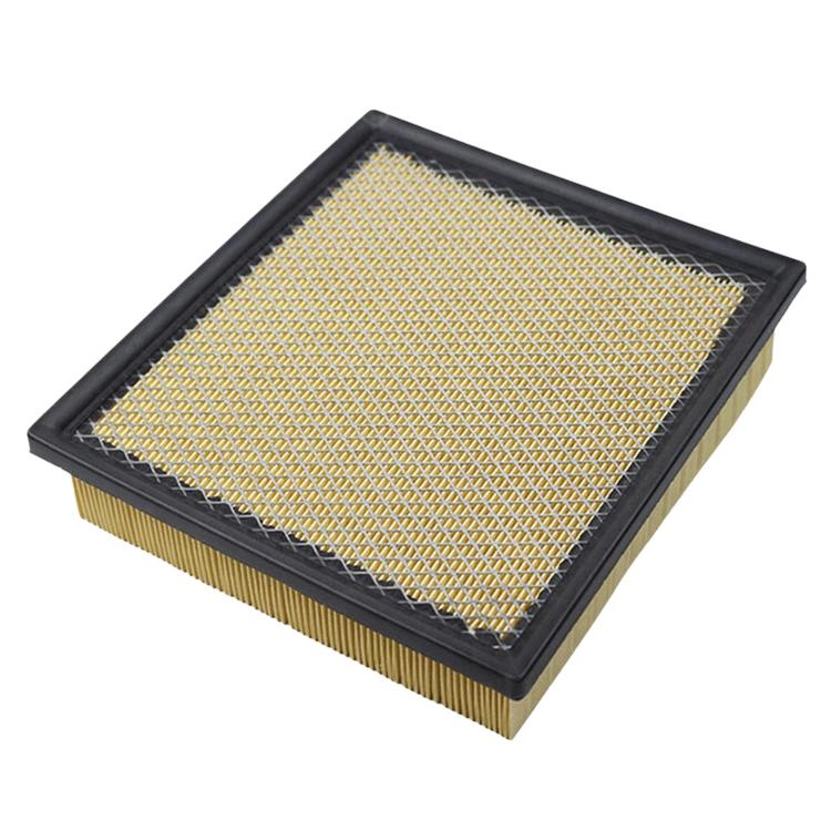 Car air filter element with mesh-like pleated filter media in black frame