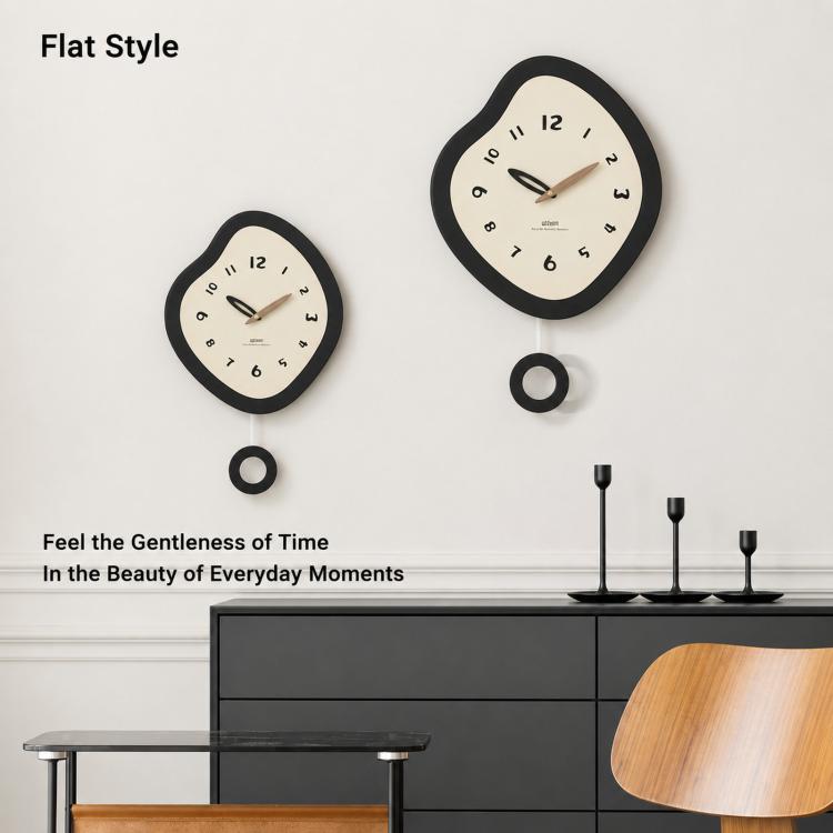 Set of irregular wall clocks: small and large black frames with cream dials and hands.