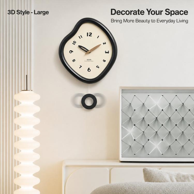 Large irregular wall clock with glossy black frame, cream dial, and gold-toned hands.