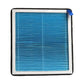 Blue pleated cabin air filter media in a square frame with blue tab