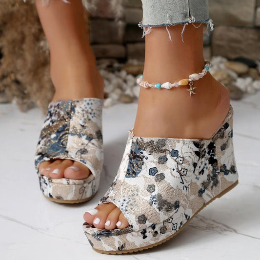 Womens wedge sandals with peep toe, floral print fabric, ankle strap, platform heel