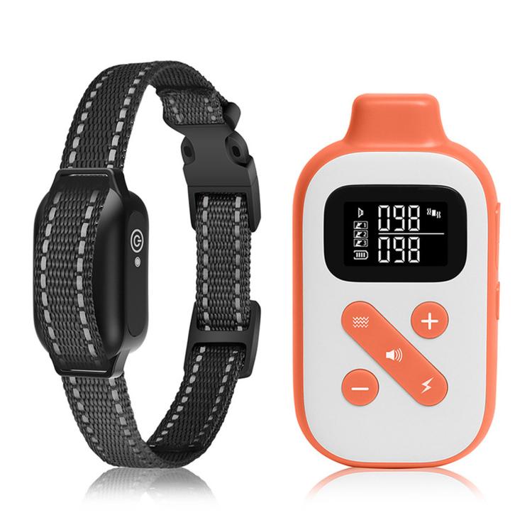 Black and orange dog training collar set with touchscreen remote and adjustable fabric strap