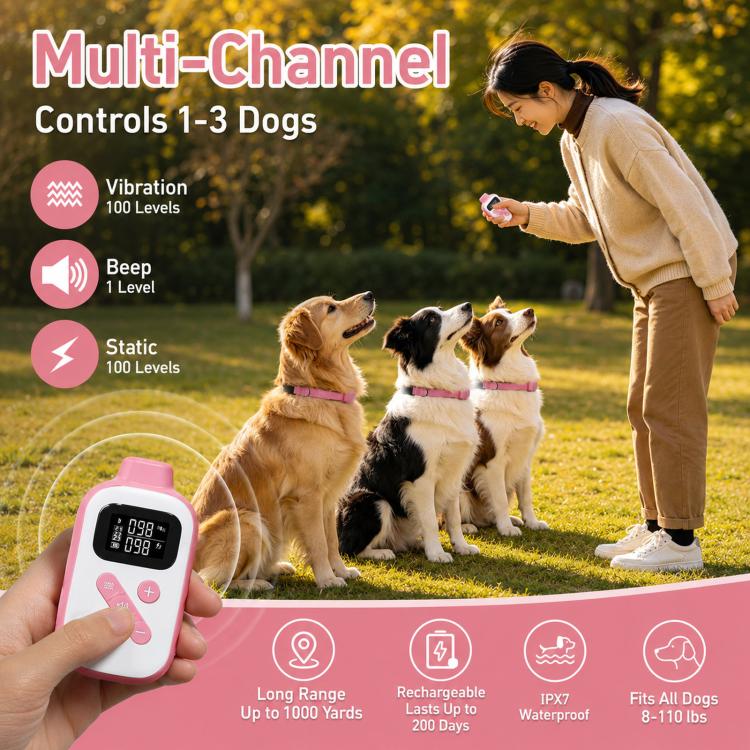 Pink multi-dog training collar remote with pink fabric collars on three dogs