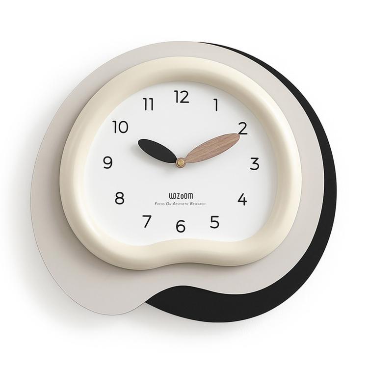 Irregular wall clock with white face, black outer ring, black and wood hands