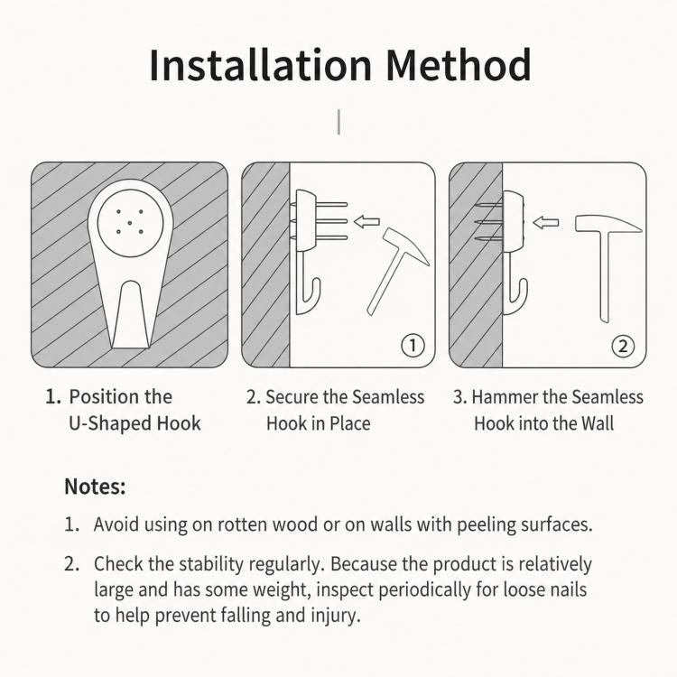 Wall clock installation guide showing U-shaped hook mounting on a wall