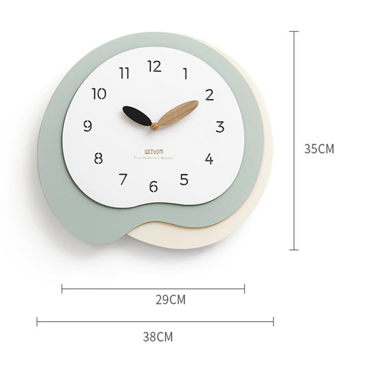Irregular wall clock with mint green frame, white dial, wood hands (38×35cm)