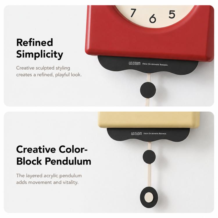 Close-up of pendulum wall clock with red and beige housings and hanging pendulum weights.