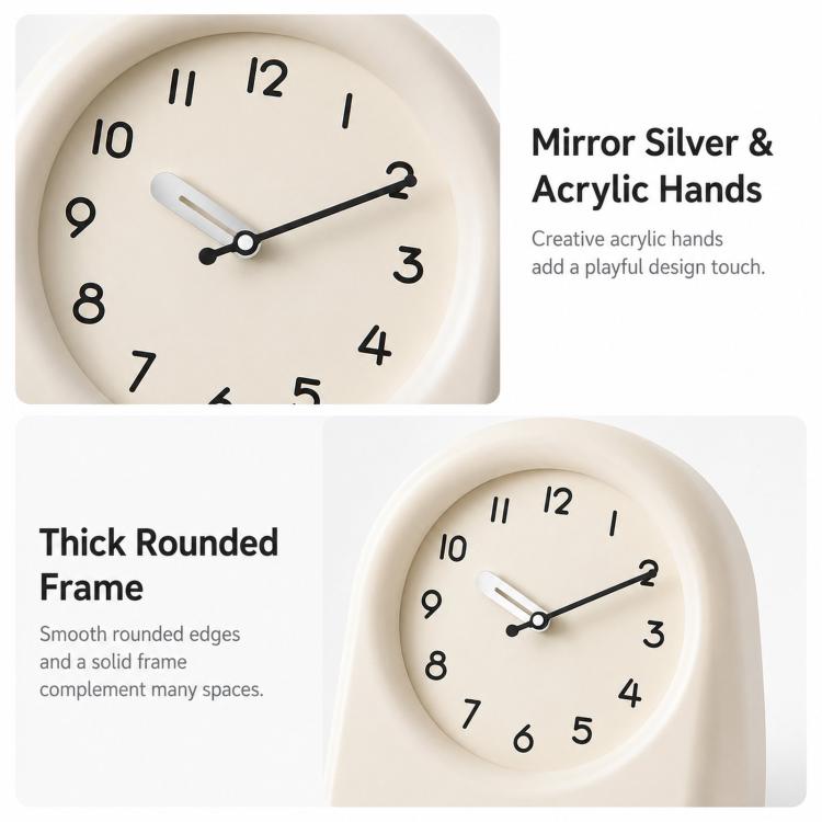 Cream round wall clock with black numerals and silver-toned clock hands