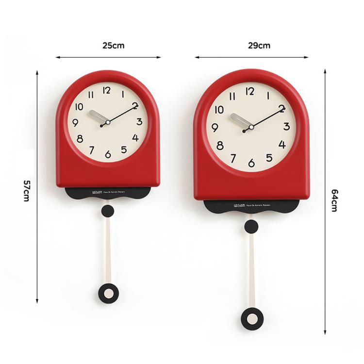 Red arched wall clock with cream face, black numerals, and pendulum weights