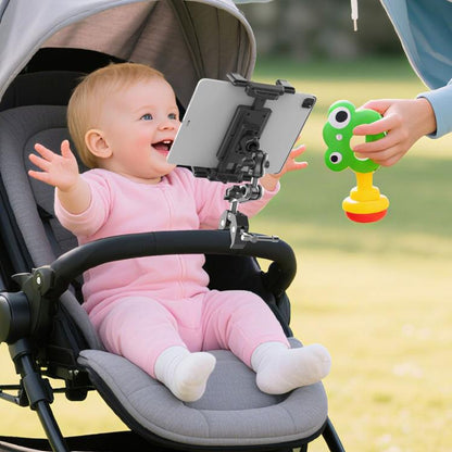 Tablet holder mounted on stroller, black clamp arms with cradle for a tablet device