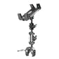 Adjustable tablet holder mount with clamp arms and cradle, black and silver parts