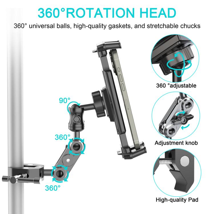 Tablet holder with 360° adjustable head, black joints and adjustment knobs