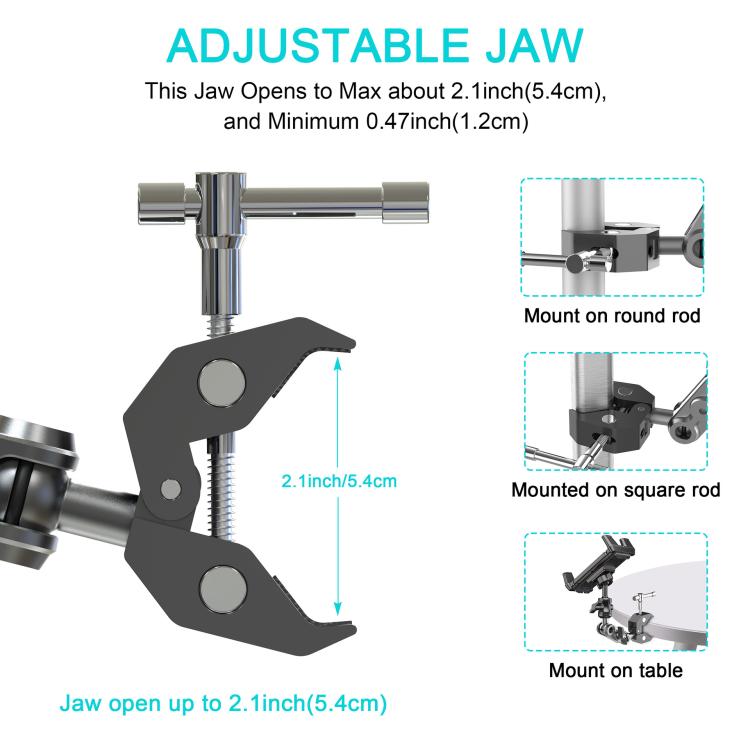 Adjustable jaw clamp for tablet holder, designed for round or square rods