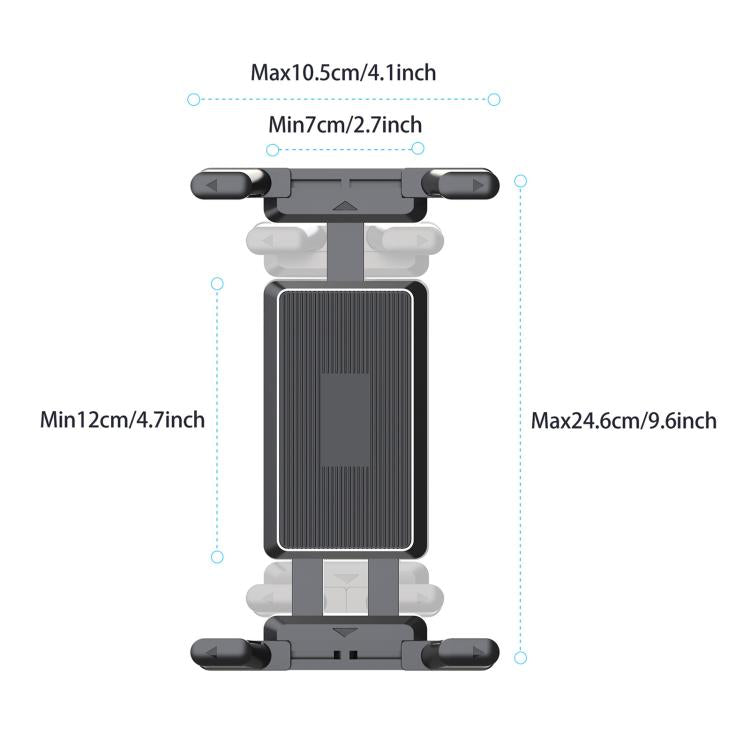 Adjustable tablet holder grips sized for about 4.7–9.6 in device width