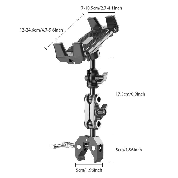 Tablet holder mount with measurement guide, adjustable arms and base clamp