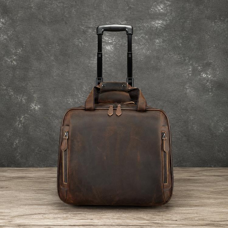 Dark brown leather rolling briefcase with trolley handle and front zip pockets