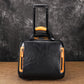 Black leather rolling briefcase with orange side panels and front zip pockets