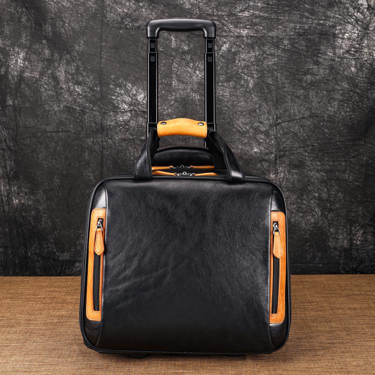 Black leather rolling briefcase with orange side panels and front zip pockets