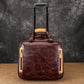 Dark brown leather rolling briefcase with tan trim and front trolley handle