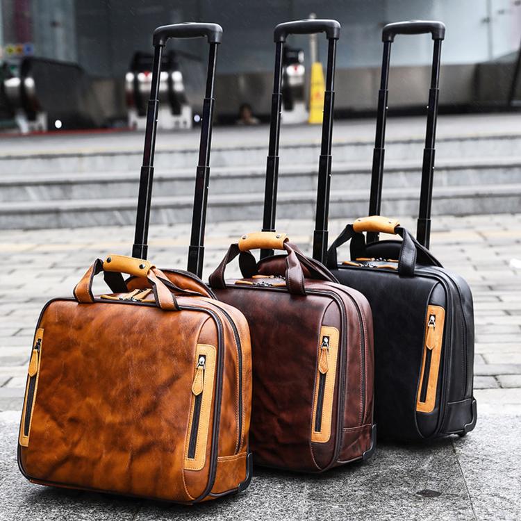 Set of three rolling leather briefcases with pull handles and front zip pockets