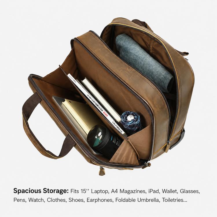 Brown leather laptop briefcase bag with open top and interior storage compartments