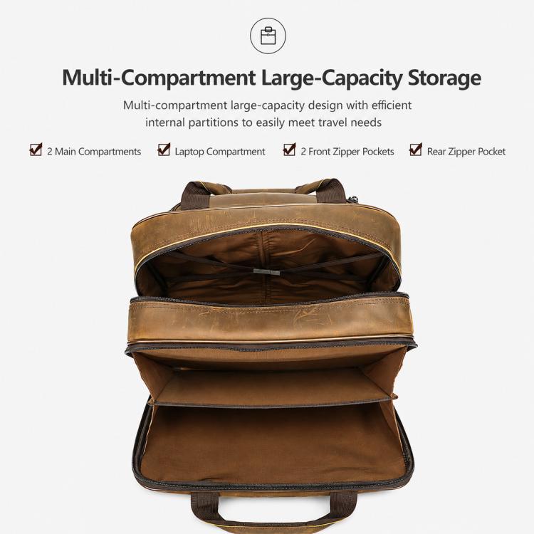 Brown leather multi-compartment briefcase with open main compartment and inner pockets