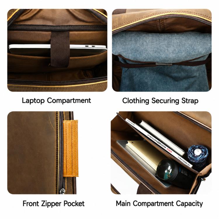 Brown leather briefcase interior showing laptop compartment, front zip pocket, and strap