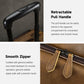 Black leather rolling briefcase details: smooth zipper and retractable pull handle