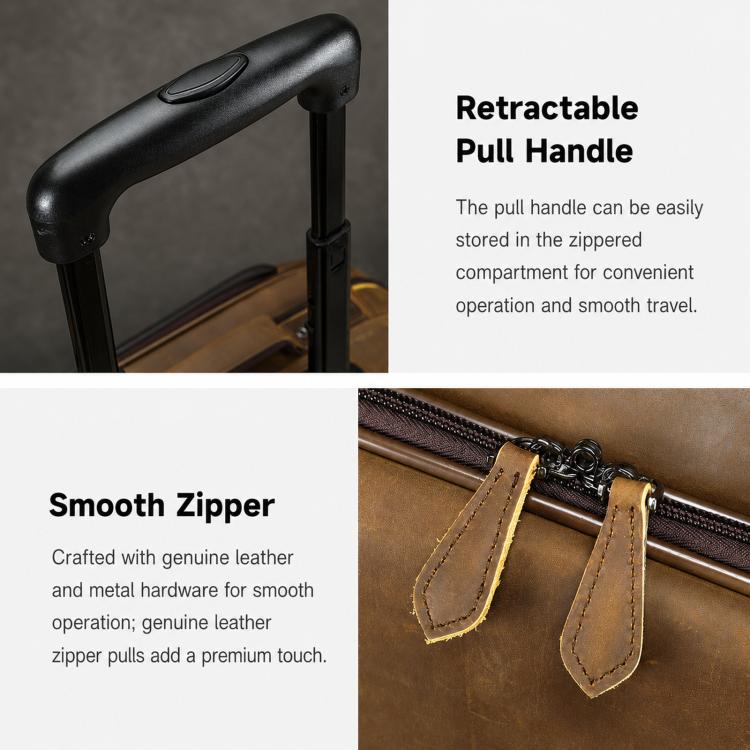 Black leather rolling briefcase details: smooth zipper and retractable pull handle