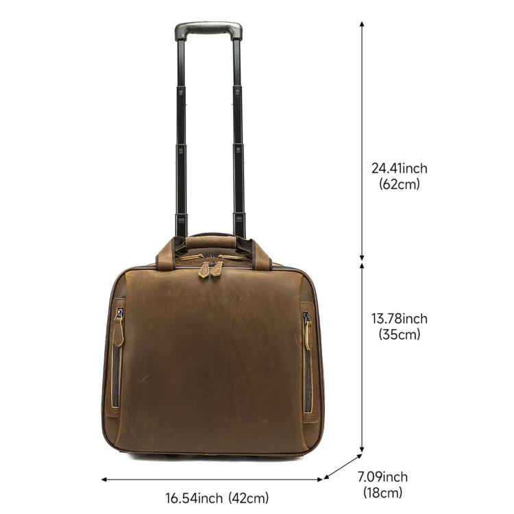 Vintage leather rolling briefcase with telescoping handle and four wheels, dark brown