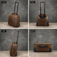 Vintage leather rolling briefcase shown from multiple angles, telescoping handle, dark brown