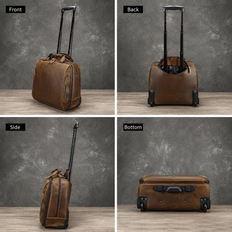 Vintage leather rolling briefcase shown from multiple angles, telescoping handle, dark brown