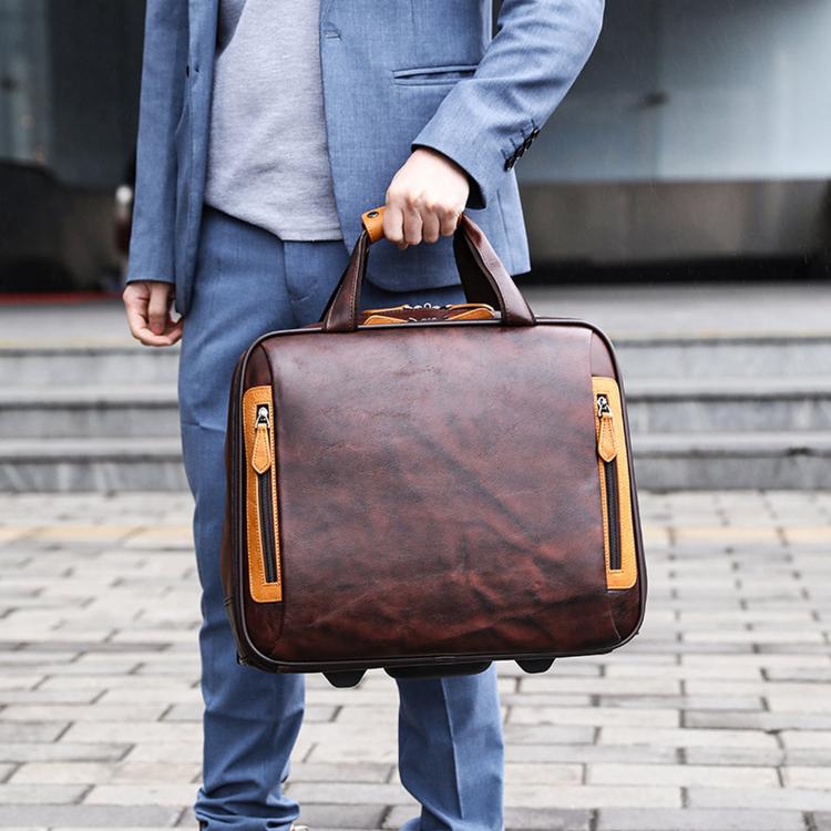Vintage leather rolling briefcase with top handle, dark brown and gold zipper details