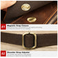 Brown leather crossbody bag showing magnetic snap flap and adjustable shoulder strap hardware