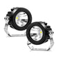 Two black round LED spotlights with silver stands and square adjustment knobs