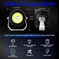 Round black LED spotlight with front and side views, compact housing and mounting bracket