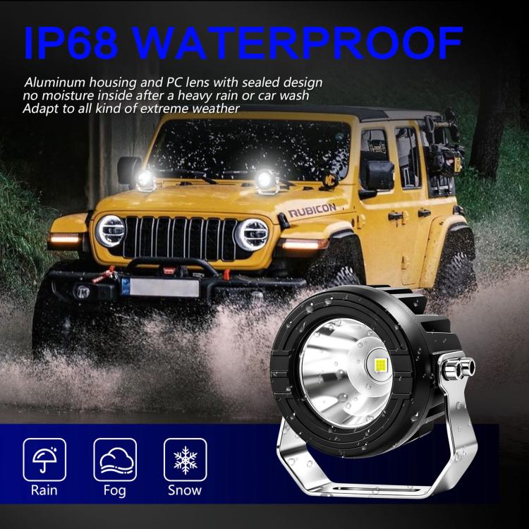 Black round LED spotlight with silver bracket, showing bright white beam