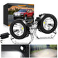 Pair of black round LED spotlights with silver mounts plus power wiring harness