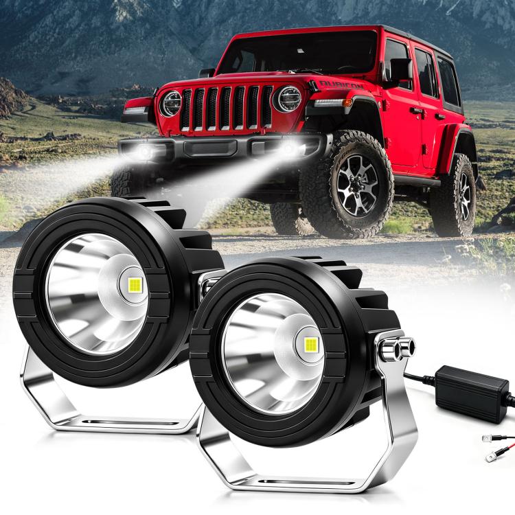 Round car truck spotlight pair with black housing, silver bracket, white LED glow