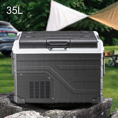 35L portable car refrigerator cooler, black-and-gray with side vent panel and handle.